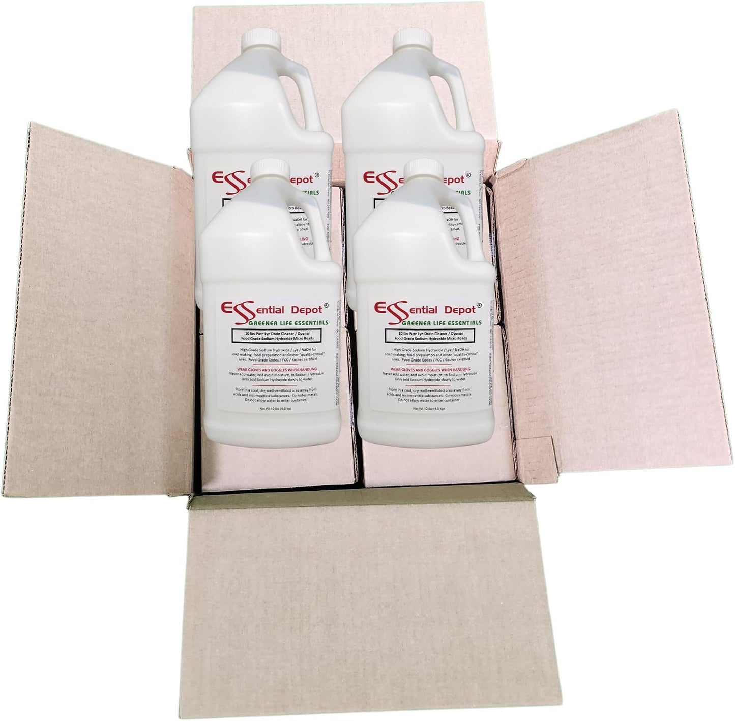 Essential Depot 40 lbs Bottle Food Grade Sodium Hydroxide Lye Evenly-Sized Micro Pels (Beads or Particles) - Lye Drain Cleaner - HDPE Container with Resealable Child Resistant Cap and Handle