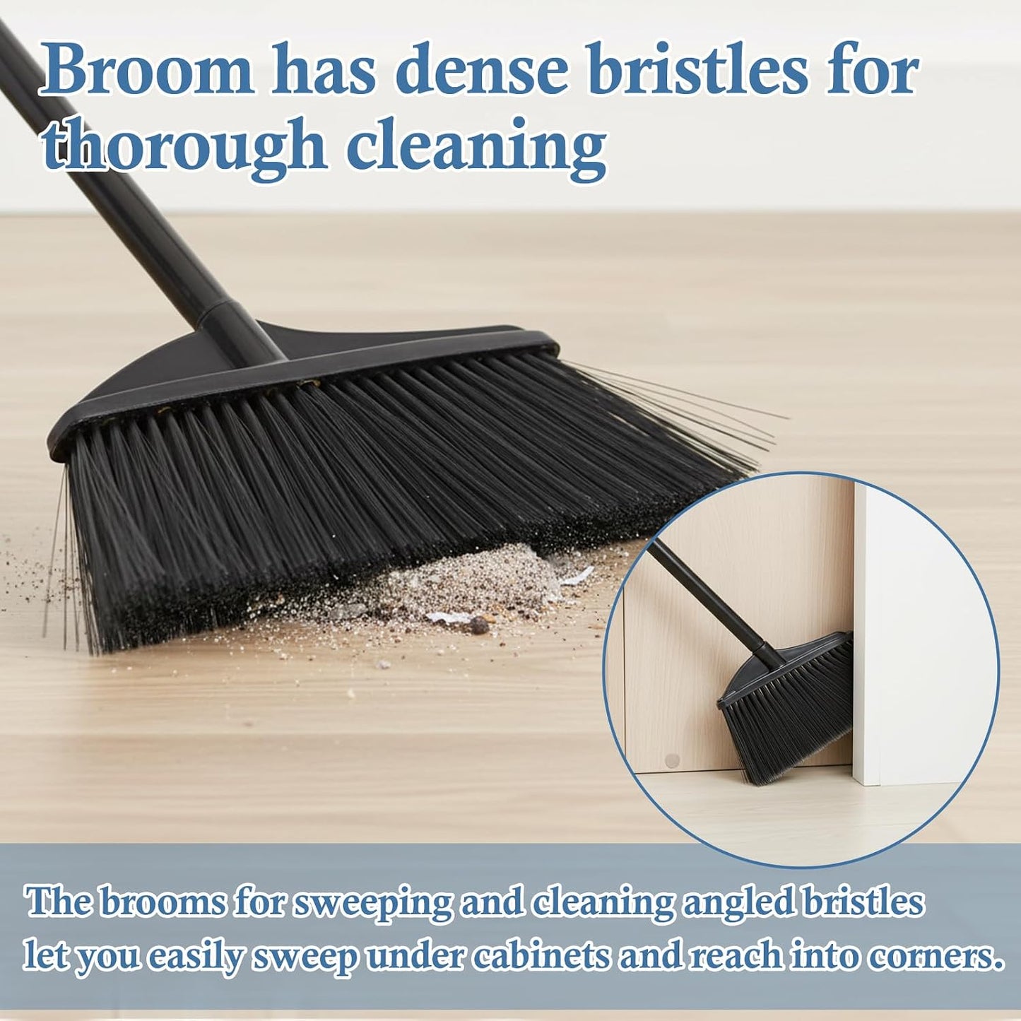 Black Broom for Floor Cleaning, 35" Heavy Duty Iron Handle Angled Broom with Stiff Bristles, Manual Sweeper for Kitchen, Apartment, RV, Small Spaces, Indoor Outdoor Use, 1 Pack