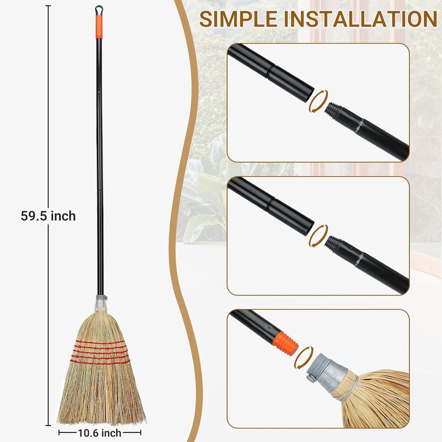 Corn Broom Outdoor, Household Indoor and Outdoor Broom Suitable for Sweeping Gravel, Fallen Leaves and Sand on Yard, Garage, Lawn, Stone Path and Concrete Floor