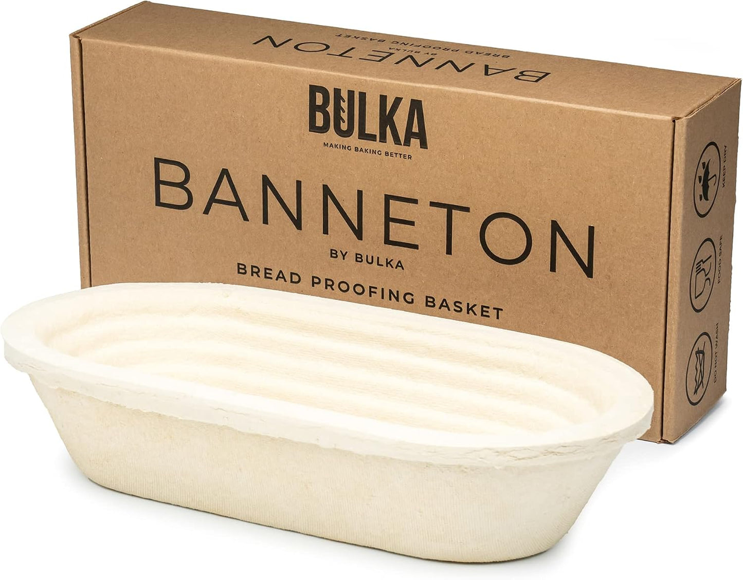 Sourdough Banneton Bread Proofing Basket 11.4" Oval Groove 750g | 11.4 x 5.3 x 2.4in oval, holds 800 to 900g dough, bakes a 750g batard, spruce wood pulp, handmade in Germany