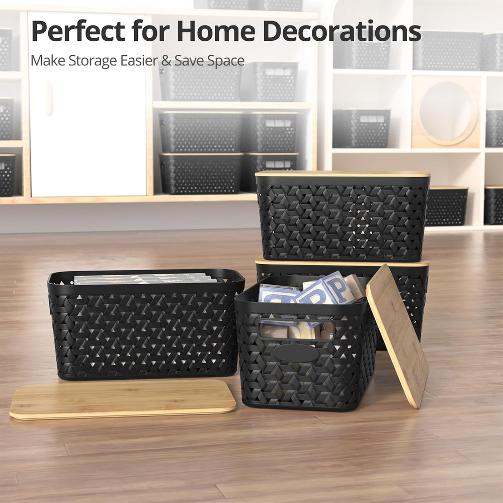Plastic Storage Bins with Bamboo Lids, Stackable Small Box Baskets for Organi...