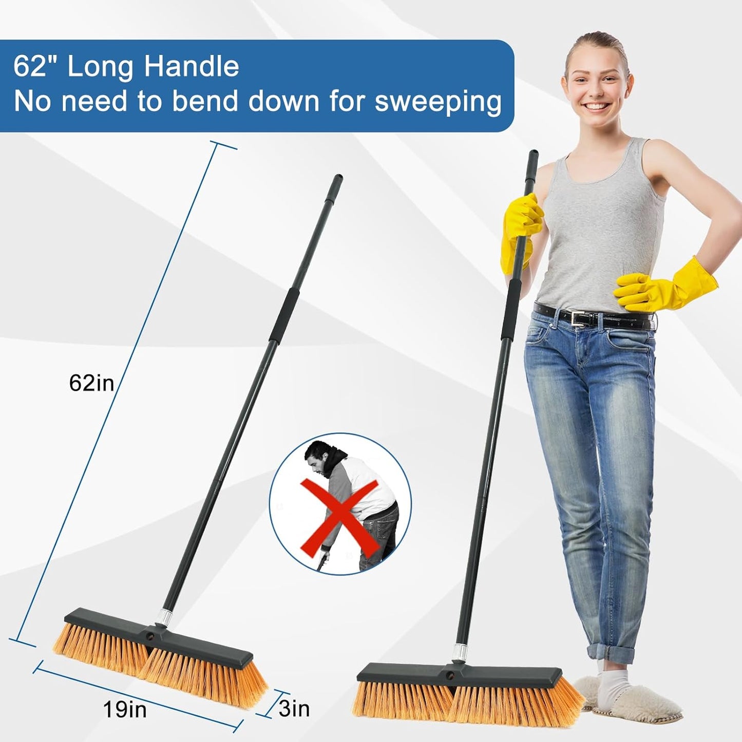 PBHEPJ 18 Inchs Push Broom Outdoor Heavy Duty, Shop Broom with 60" Long Handle for Cleaning Outdoor or Indoor Tile, Garage, Shop, Deck, Concrete, Wood, Stone, Patio Floor
