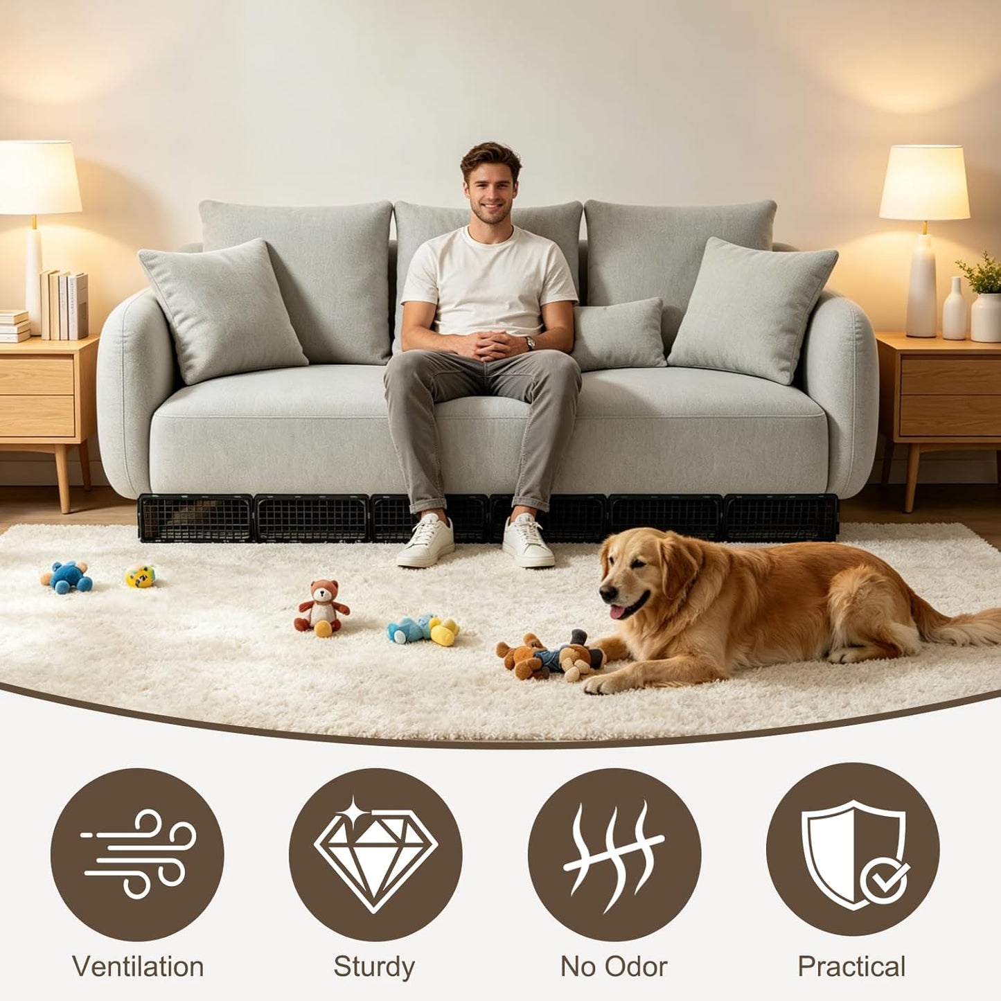 12 Pack Under Couch Blocker for Pets, Adjustable Furniture Under Bed Blocker with 30 Ties, Plastic Couch Barrier for Dogs, Cats and Small Items, Black
