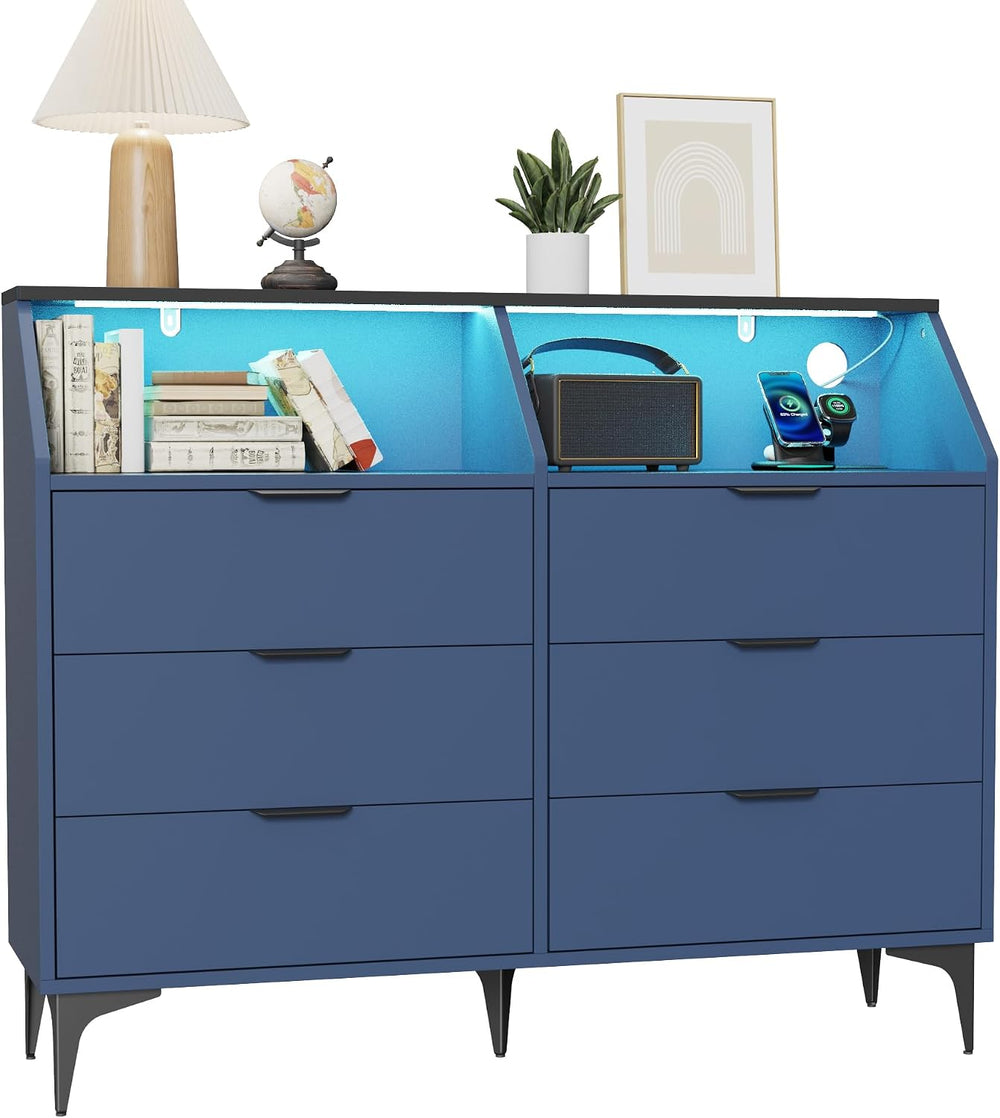 LOUVIXA 6 Drawer Dresser with LED Light, Chest of Drawers with Charging Stati...