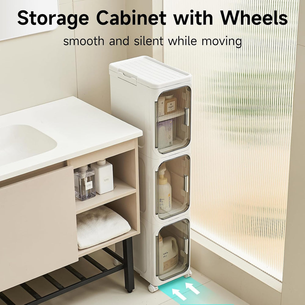 UFORU Tall Narrow Storage Cabinet,Slim Organizer with Magnetic Doors&Wheels