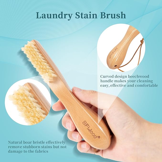 BFWood Laundry Stain Brush, Natural Soft Boar Bristles, Removes Tough Stains - Image 3