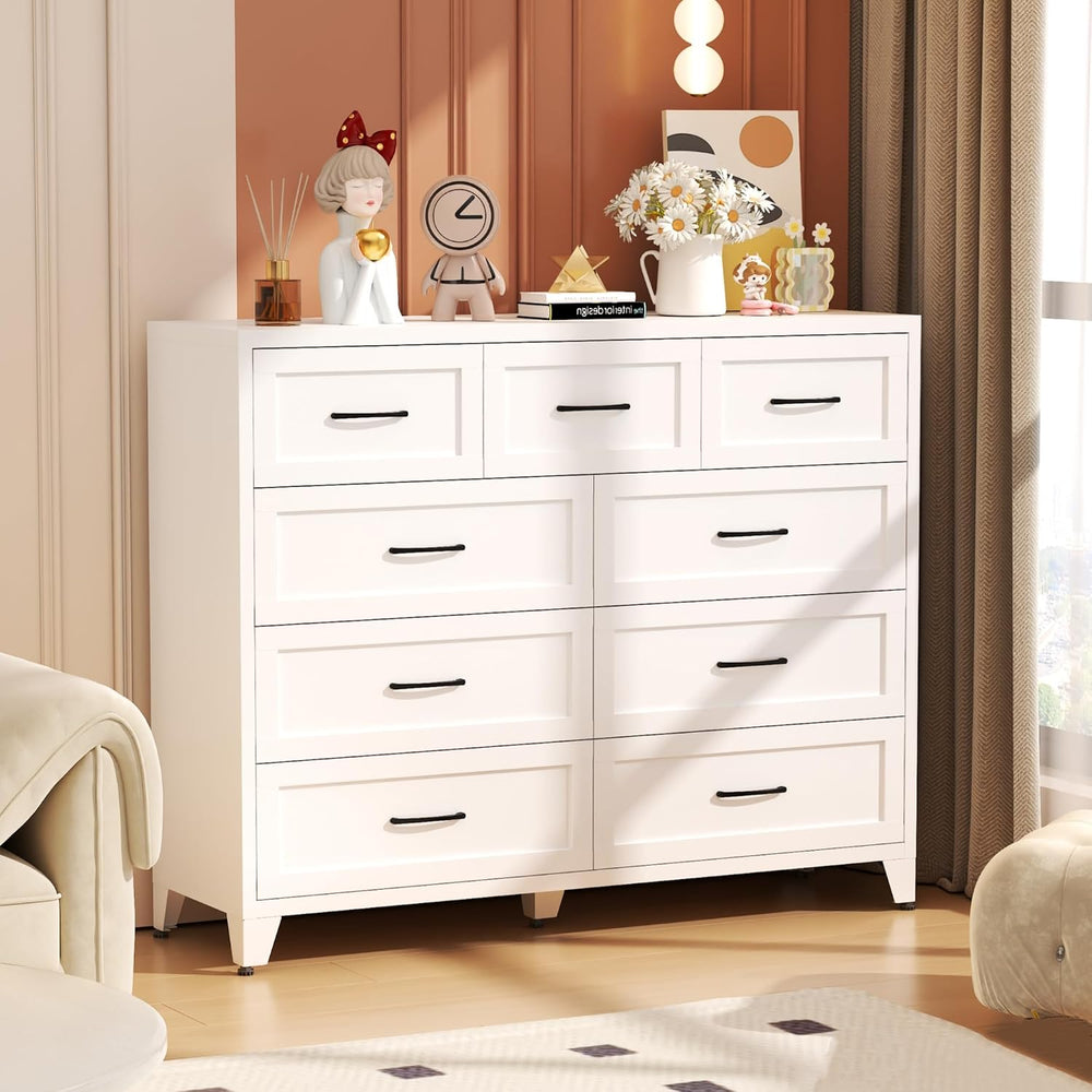 Metal 9-Drawer Dresser for Bedroom, 47" Wide White Steel Chest of Drawer...