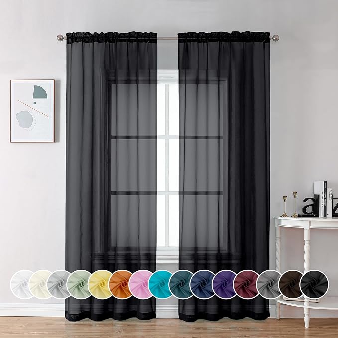 Chyhomenyc Black Sheer Curtains 84 Inch Length 2 Panels Set, Light Filtering by Chyhomenyc