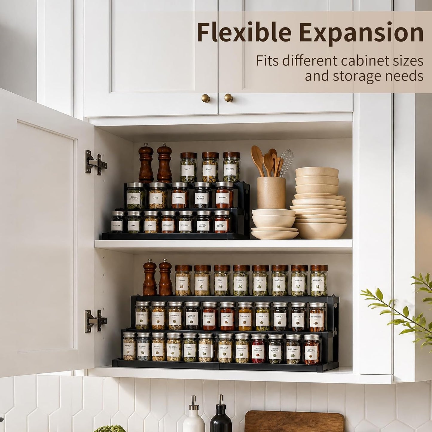Expandable Spice Rack Organizer for Cabinet, 3-Tier Metal Spice Shelf | Expandable 16"-29", Anti-Separation Sliding Design, Organizes Jars, Bottles & Seasonings, Easy Assembly