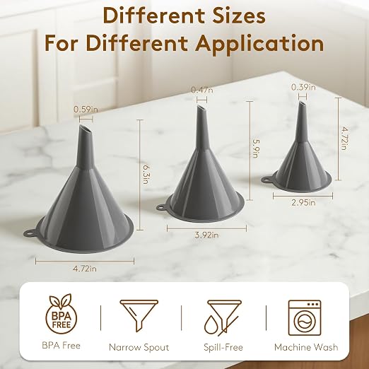 3Piece Plastic Kitchen Funnel Set, Small Medium Large Round Food Funnel - Image 2