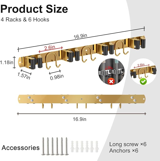 Mop Broom Holder Wall Mount, 2 Packs Gold Stainless Steel Tool Storage Organizer - Image 2