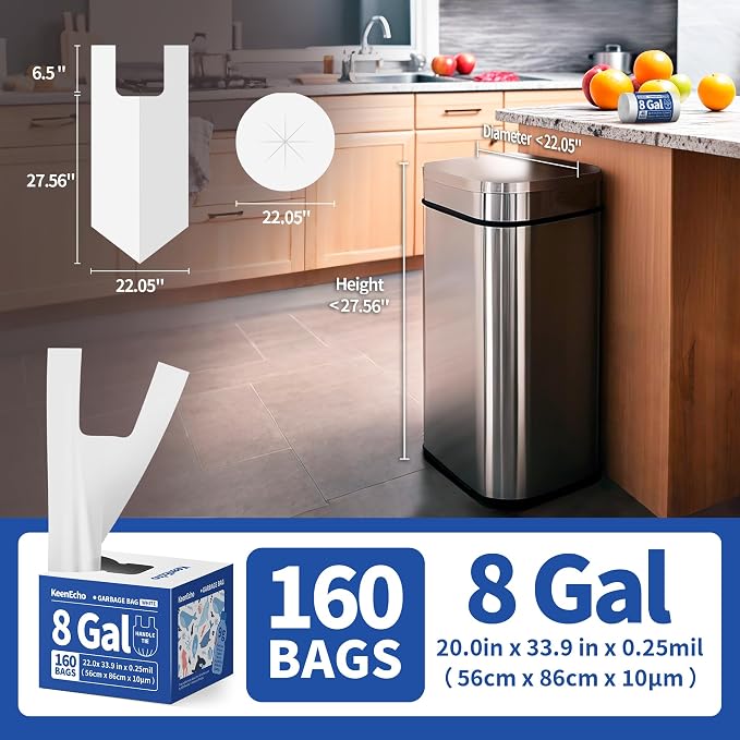 Small Trash Bags with Handles 8 Gallon 160 Count White - Image 6
