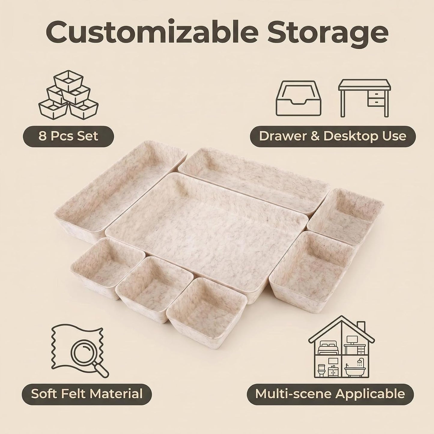 Desk Drawer Organizer Bins, 8pcs Felt Shallow Bathroom Storage Trays, Office Accessories & Workspace Organizers Jewelry & Makeup Boxes Containers(Beige)