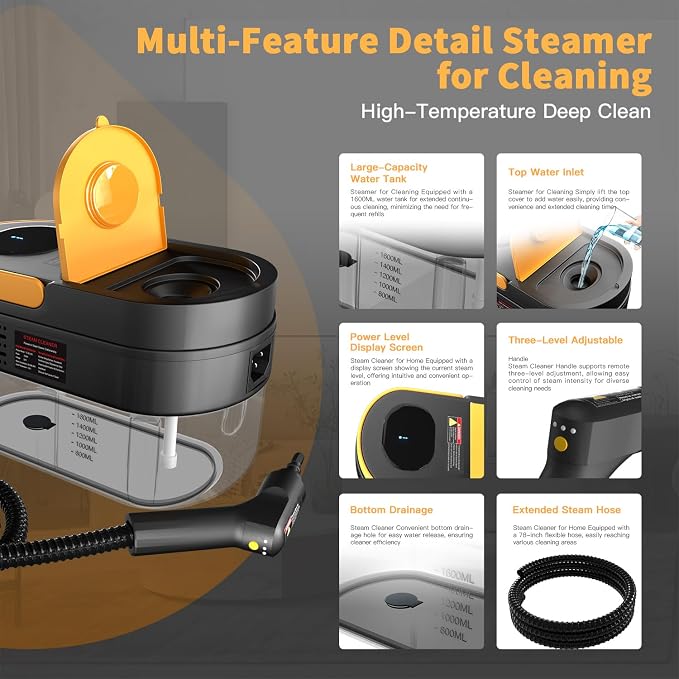 Steam Cleaner, 3-Level Adjustable Handle, 15s Heat-Up, 1.69 Quarts Tank - Image 3