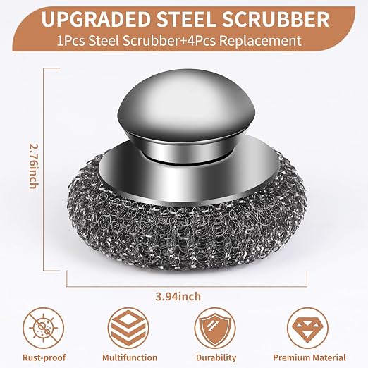 5Pcs Steel Wool Scrubber with Replacement Wire Sponge Pads Set, Stainless Steel - Image 3