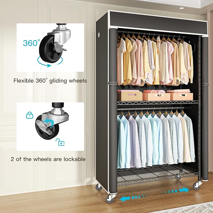 FUTASSI Clothing Rack with Cover, P1C Rolling Closets with Wheels, Metal