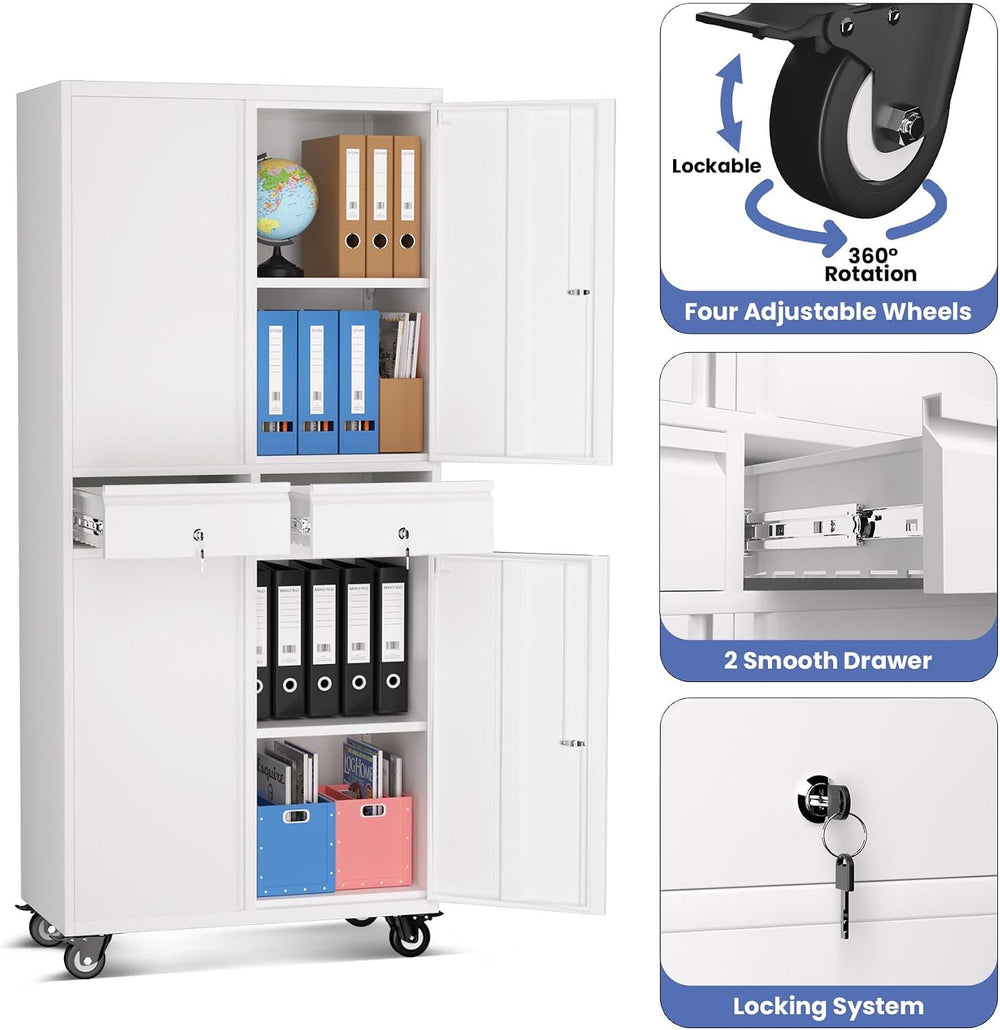 Metal Storage Cabinet with Wheels, 72” Rolling Garage Organizer with Locking ...