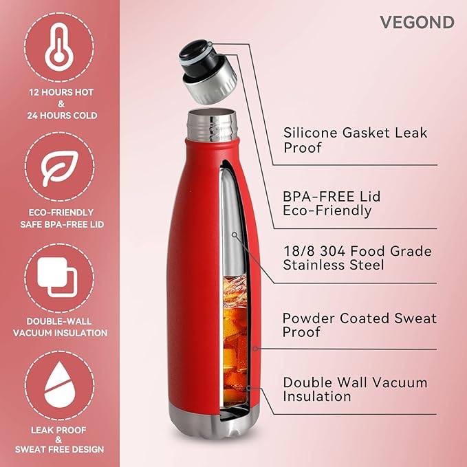 VEGOND 17oz Stainless Steel Water Bottles, Reusable Metal Sports Water Bottle - Image 2