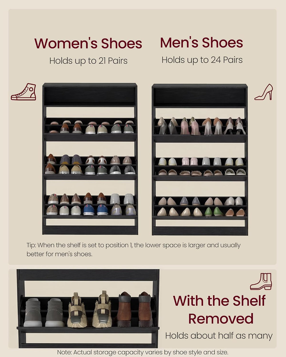 VASAGLE Shoe Cabinet with 3 Flip Drawers, Holds up to 24 Pairs of Shoes