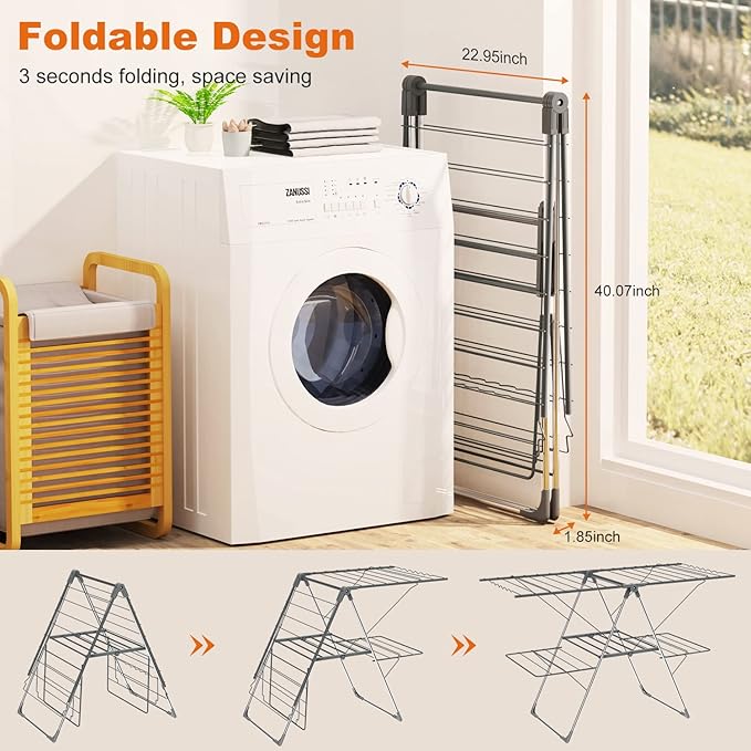Bigzzia Clothes Drying Rack Foldable, 2-Level Large Laundry Drying Rack