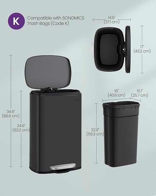 SONGMICS 13 Gallon Trash Can, Stainless Steel Kitchen Garbage Can, Recycling or - Image 6