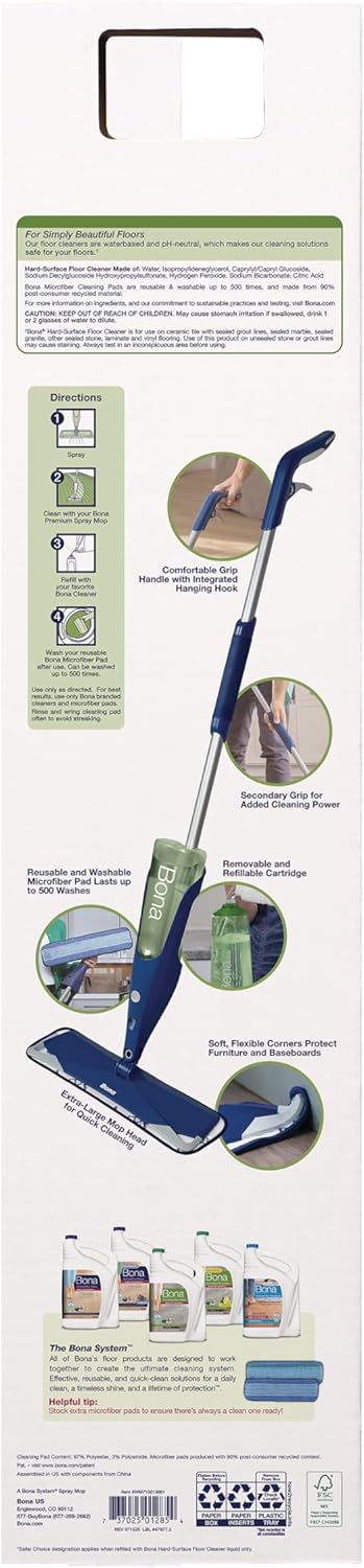 Bona Premium Motion Multi-Surface Floor Spray Mop - Includes Multi-Surface Floor Cleaning Solution and Machine Washable Microfiber Cleaning Pad - for Stone, Tile, Laminate, and Vinyl Floors