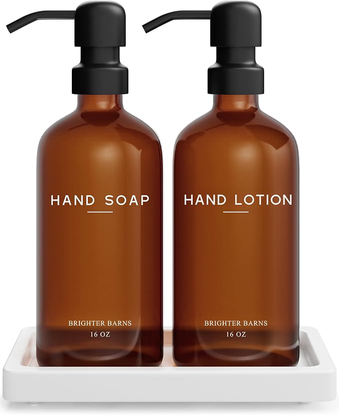 Amber Glass Soap and Lotion Dispenser Set by BrighterBarns