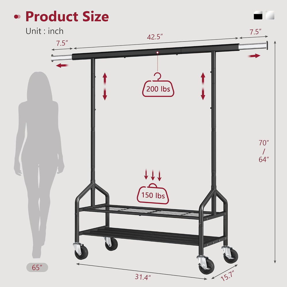 Tajsoon Clothing Rack with 2 Shelves, Metal Heavy Duty Load 350 LBS, Black