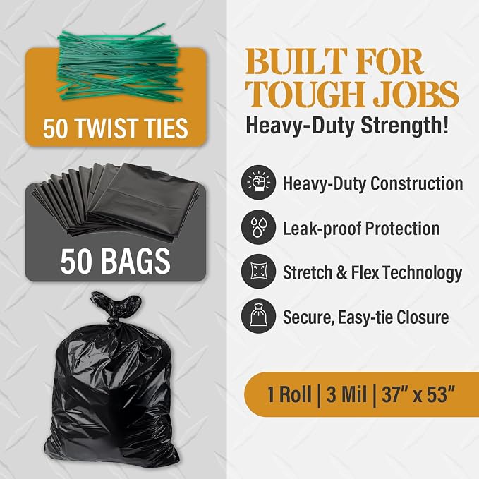 Extra Heavy Duty Black Contractor Garbage Bags 55 Gallon, 50 Trash Bags - Image 2