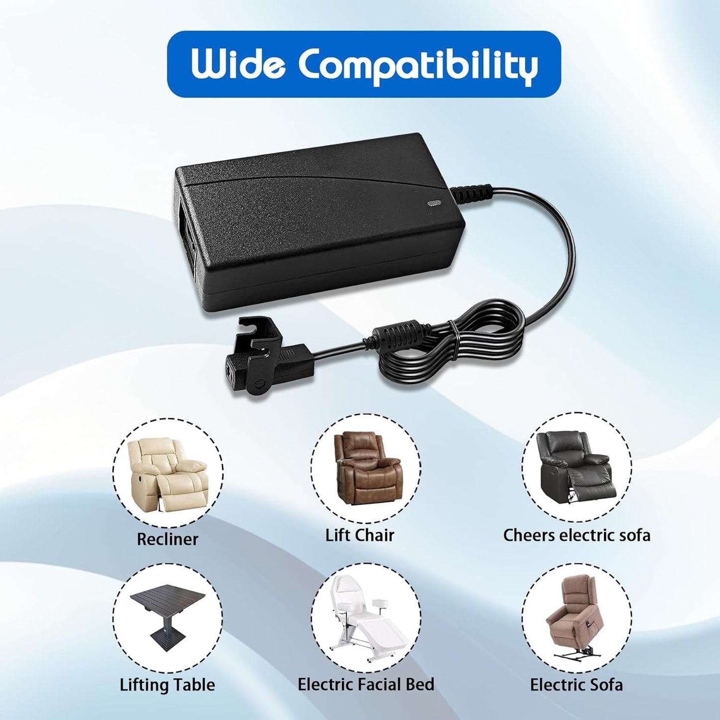 29V 2A Universal Recliner Power Supply, 2-Pin AC/DC Adapter Transformer, 100-240V UL Listed 6.5Ft Cord, Replacement for Lazy Boy, OKIN Electric Recliner, Lift Chair, Electric Sofa and Standing Desk