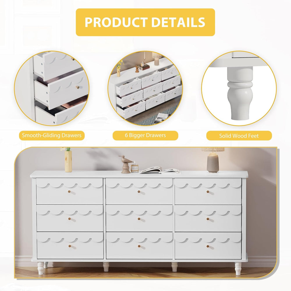Anbuy Scalloped Dresser for Bedroom White 9 Drawer Dresser, Long Scalloped Ch...