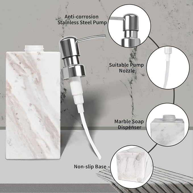 White Marble Soap Dispenser for Bathroom and Kitchen Countertop - Image 3
