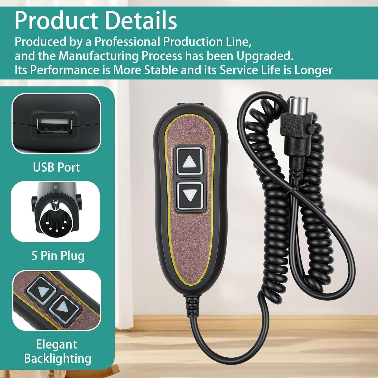 2 Button 5 Pin ZK1200-HC Lift Chair Remote Replacement for Golden, Backlight Hand Control with USB Port for Charging, Fits for Limoss, Kaidi Motors Power Recliners