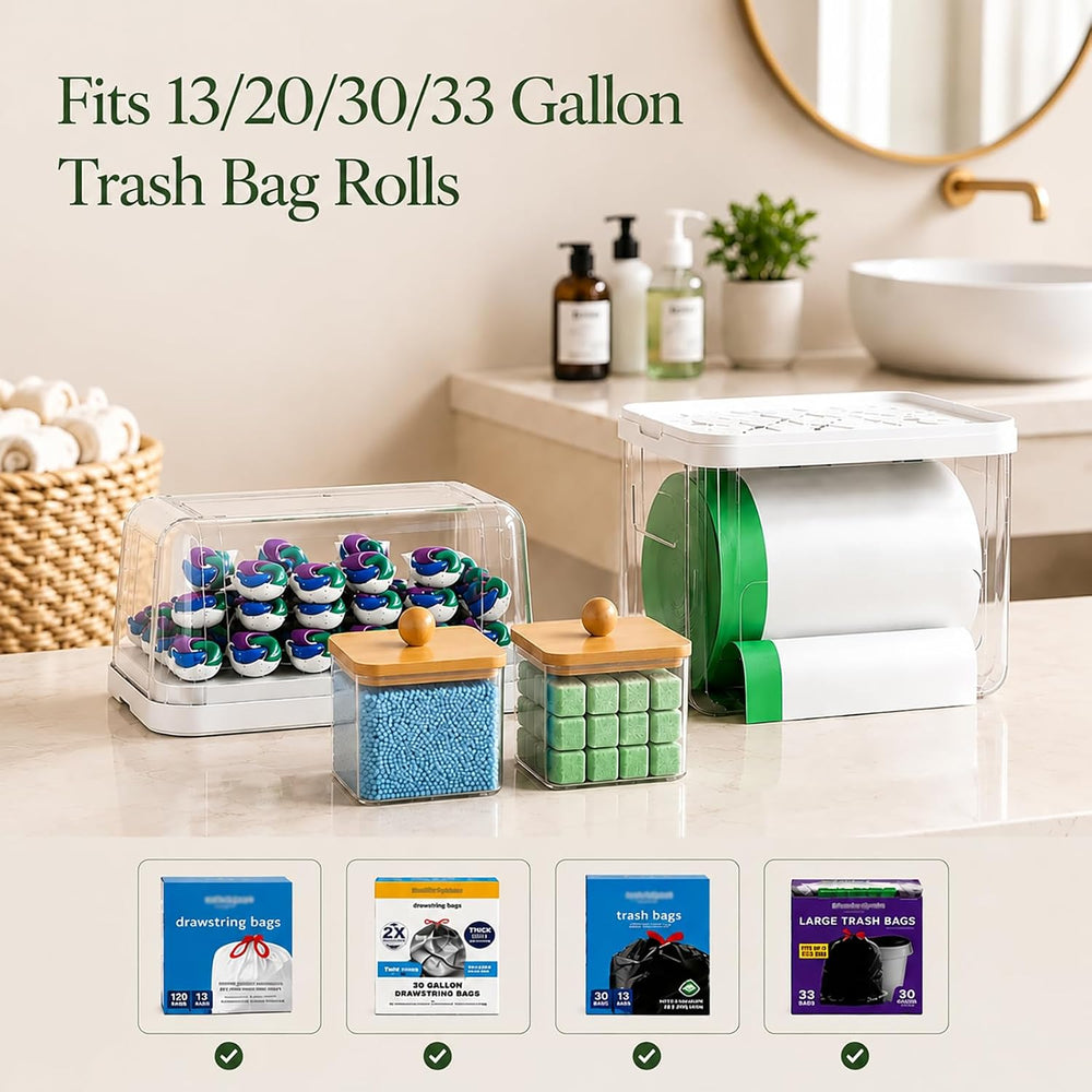 Trash Bag Holder & Dishwasher Pod Dispenser with 2 Bamboo Lid Storage Con...