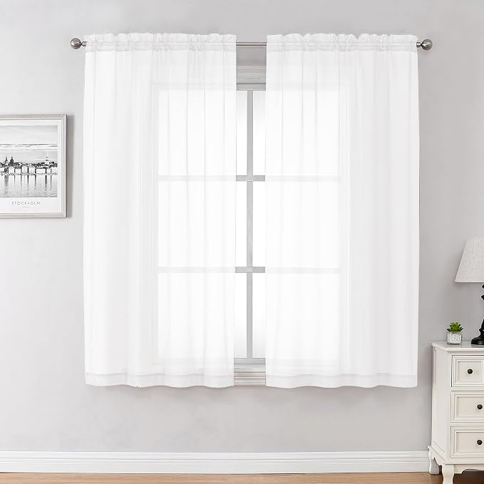 Chyhomenyc White Sheer Curtains 45 Inch Long 2 Panels, Short Voile Drapes by Chyhomenyc