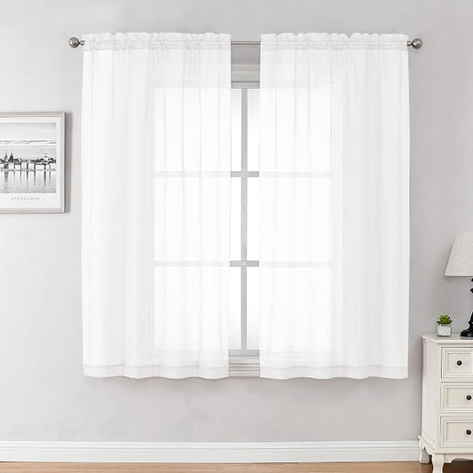 Chyhomenyc White Sheer Curtains 45 Inch Long 2 Panels, Short Voile Drapes by Chyhomenyc