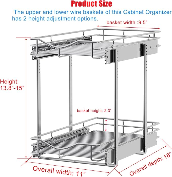 DINDON 2 Tier Pull Out Cabinet Organizer Heavy-Duty Metal Sliding Drawer Shelf - Image 2