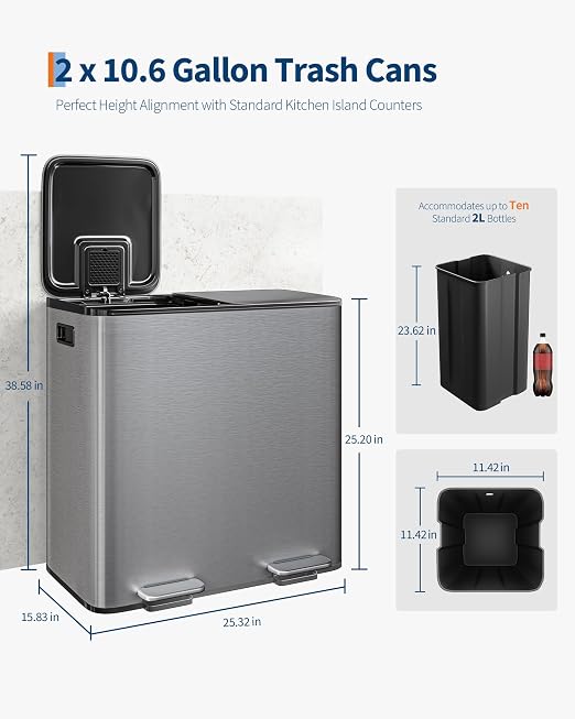 GarveeHome 2 x 10.6 gal Stainless Steel Double Trash Can - Image 6