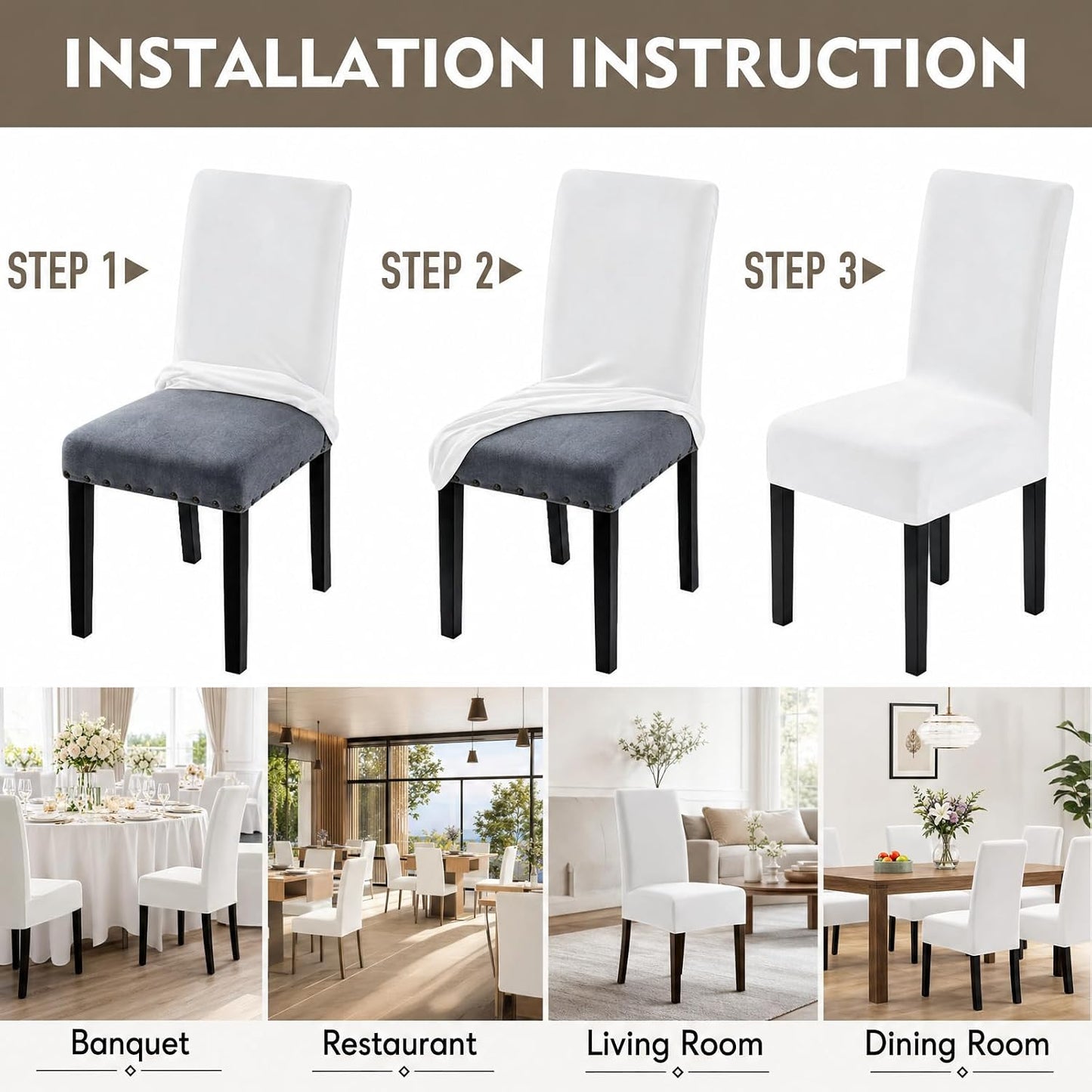 YEMYHOM Real Velvet Dining Chair Covers Set of 6, Stretch Parsons Chair Slipcovers, Super Soft Removable Washable Kitchen Chair Protector Cover for Dining Room, Restaurant, Banquet (White)