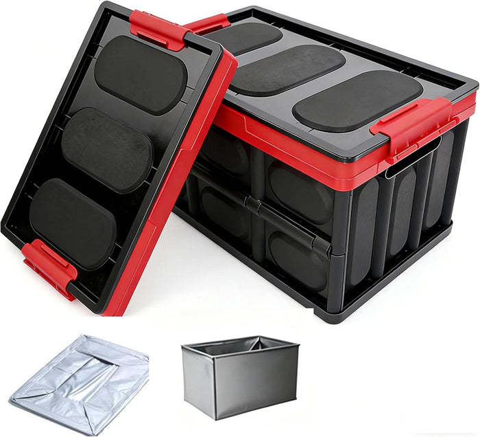 Collapsible Storage Crate, 55L(14.5Gal) Car Trunk Organizer Foldable Bin with Snap‑On Latching Lid & Removable Waterproof Inner Bag, Stackable Storage Box for Car Trunk, Camping, Hunting, Garage