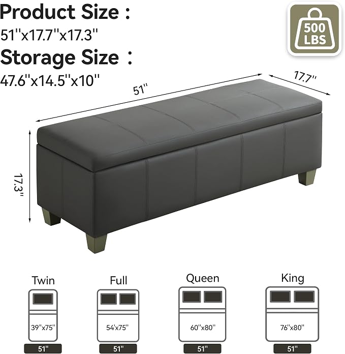 51" Faux Leather Storage Ottoman, Stitch Tufted Rectangle Upholstered End of - Image 2