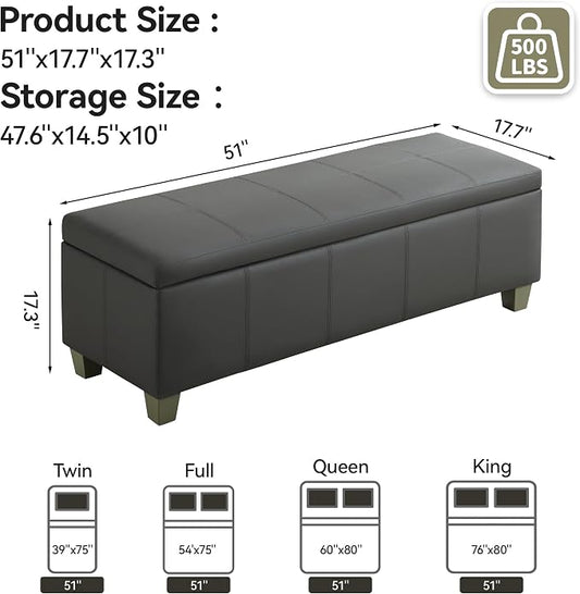 51" Faux Leather Storage Ottoman, Stitch Tufted Rectangle Upholstered End of - Image 2
