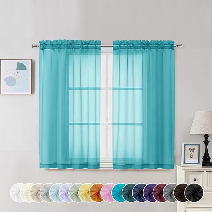 Chyhomenyc Turquoise Sheer Curtains 45 Inch Long 2 Panels, Light Filtering Rod - Image 2
