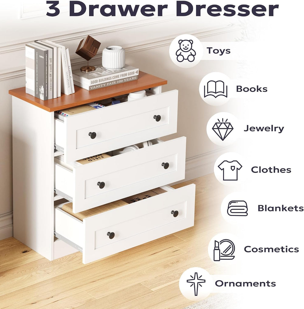 Furnify Farmhouse 3 Drawer Dresser, Small Chests of Drawers, White & Walnut