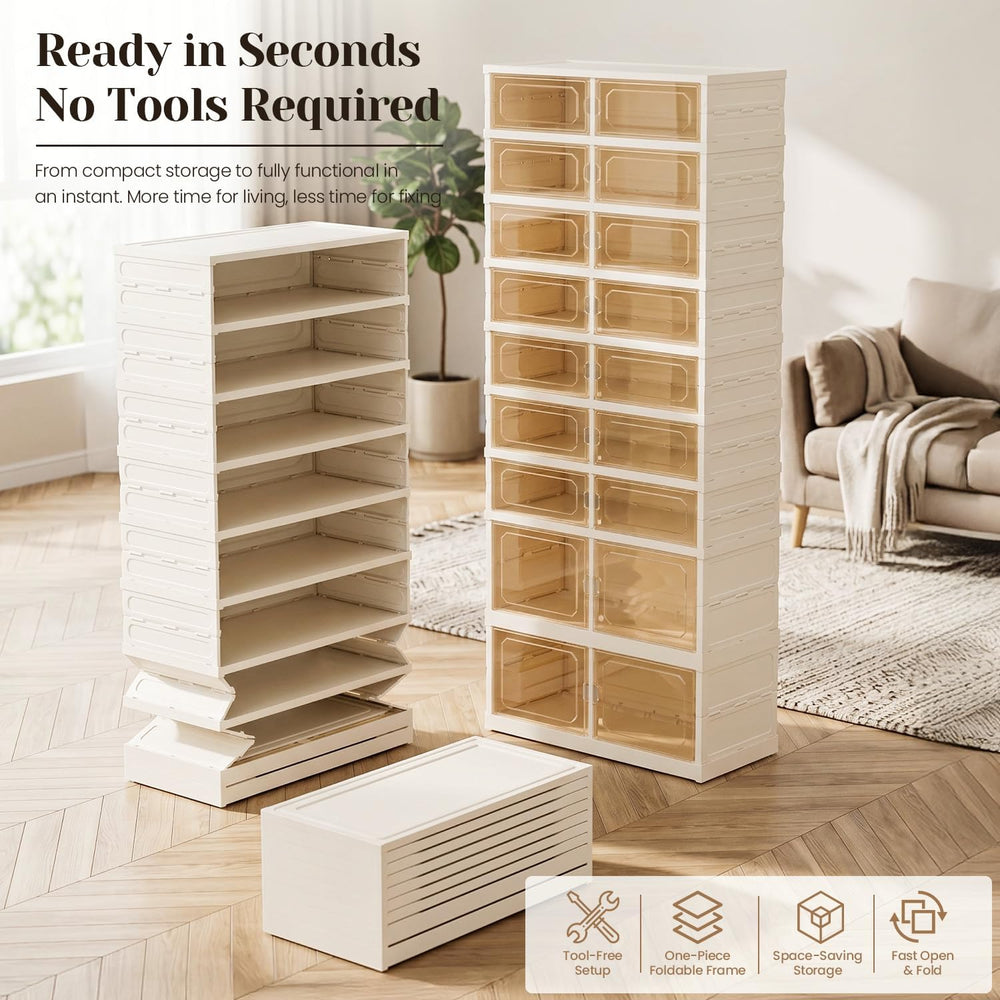 Foldable Shoe Rack, 9-Tier Shoe Storage Cabinet with Clear Doors for Closet