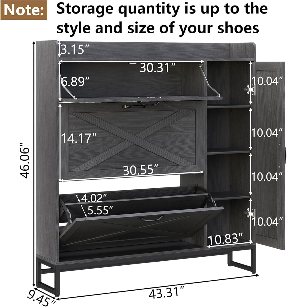 Loomie Farmhouse Flip Drawer Shoe Cabinet, Shoe Organizer with Side Cabinet