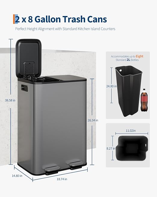 GarveeHome 2 x 8 gal Stainless Steel Double Trash Can - Image 6