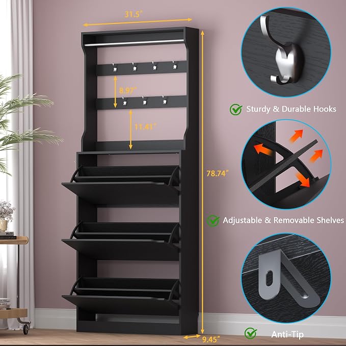 Shoe Cabinet with 3 Flip Drawers & Coat Rack, Narrow Hidden Shoe Storage Cabinet - Image 2
