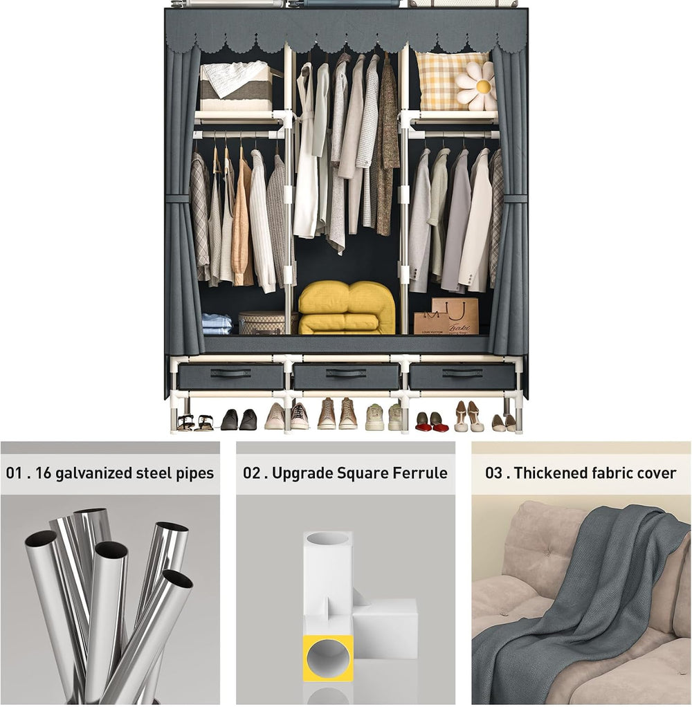 Portable Armoire Wardrobe Closet with 3 Drawers and 3 Hanging Rods,Cloth Clos...
