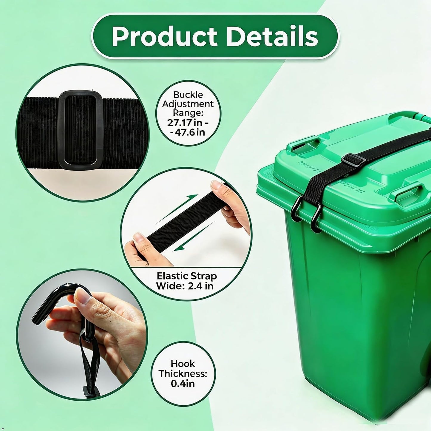 Metal Double Claw Trash Can Lid Lock with Adjustable Elastic Strap, Animal-Proof & Windproof Garbage Can Lock for 28-96 Gallon Bins, Dual Mount Design - Clamp or Tie to Keep Out Raccoons & Bears